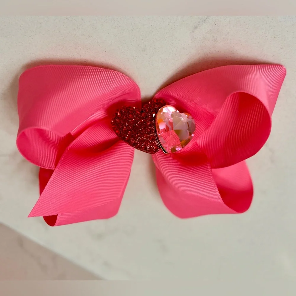 Large Girls Pink Valentine Heart Bow w Double Heart Crystal Brooch Center. NEW